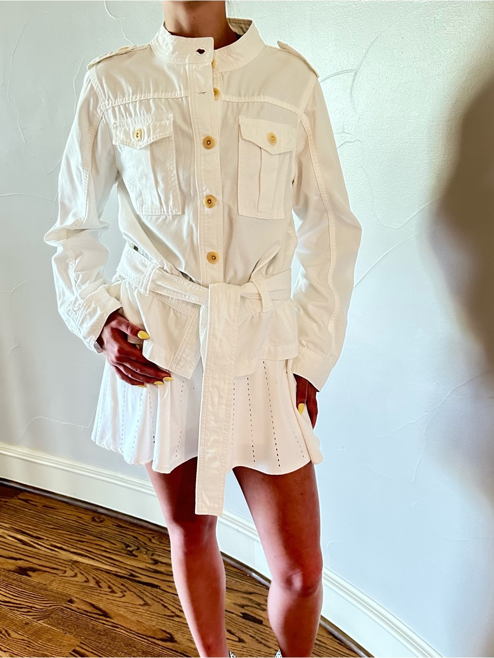 JOE'S White Utility Shirt Belted Jacket Mandarin Collar Size L🌸